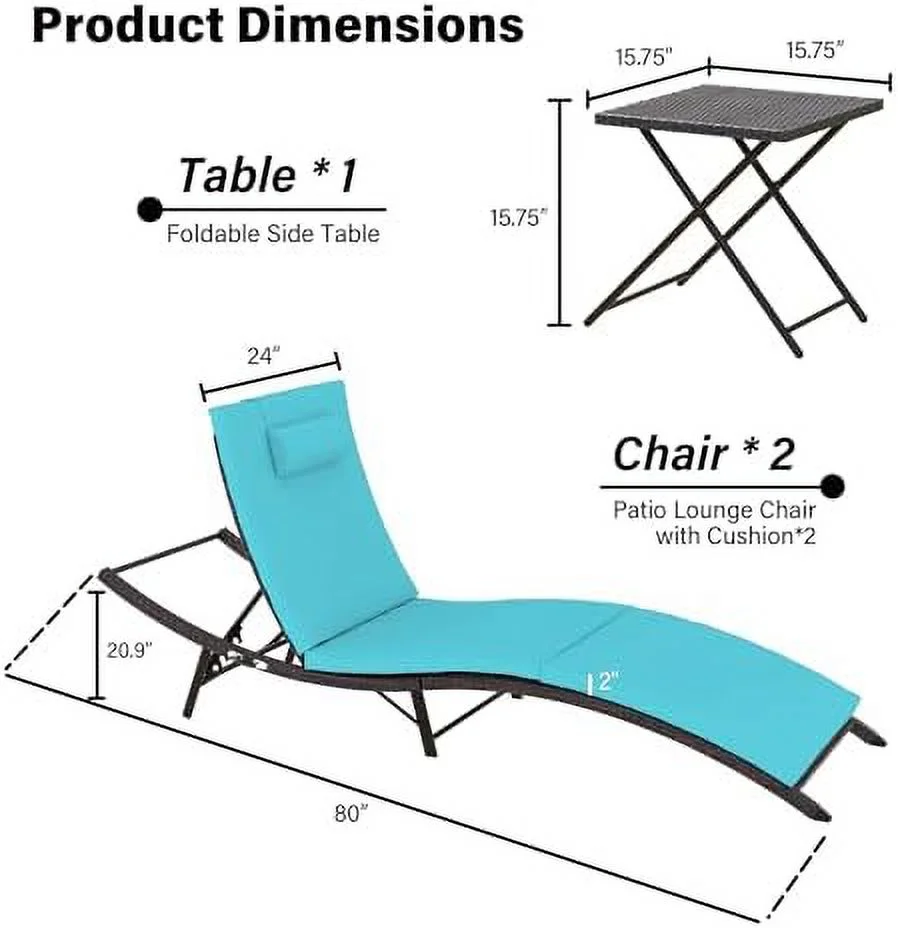 HBROLJF Patio Chaise Lounge Set 3 Pieces Outdoor Lounge Chair with Rattan Adjustable Backrest and  for Beach Patio Sand  for Poolside Backyard Porch