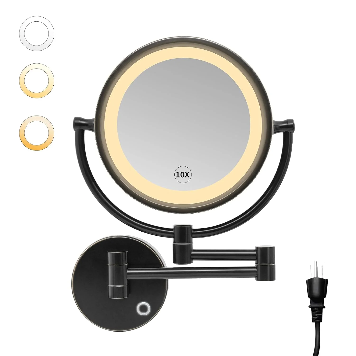 HYUN 8.5 Inch Magnifying Makeup Mirror with 3 Dimmable LED Lights Double Sided Touch Control Vanity Mirror for Bathroom with 10X Magnification Black Finish M1809D(Black/10X)