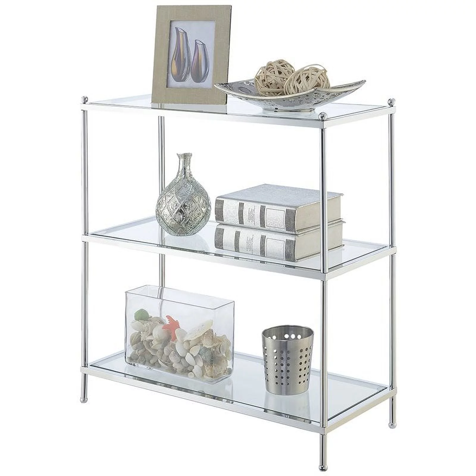 Pemberly Row Three-Tier Bookcase in Clear Glass and Chrome