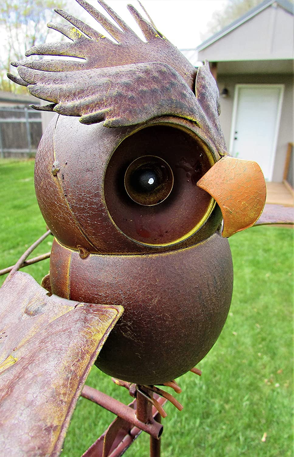 Kinetic Metal Brown Owl Yard Stake Rocking Wind Spinner Whirly-Gig Garden Art
