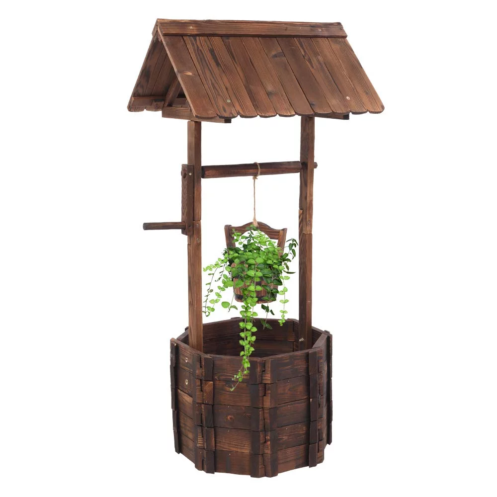 Wooden Wishing Well with Hanging Bucket, Outdoor Rustic Wishing Well Planter for Flowers and Plants, Well Covers for Yard, Garden Decor for Outside