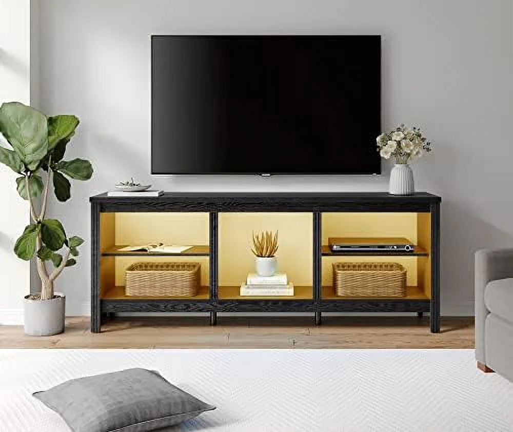 SQRTCV TV Stand for 75 Inch TV with 16 Color RGB LED Light  Wood Entertainment Center with 5 Cubby  Black TV Console Table Television Stands for Living Room Bedroom  70\u2018\u2019