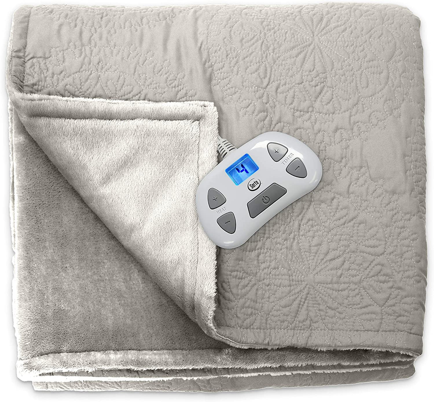 Serta Quilted Medallion Electric Heated Warming Blanket Queen Taupe