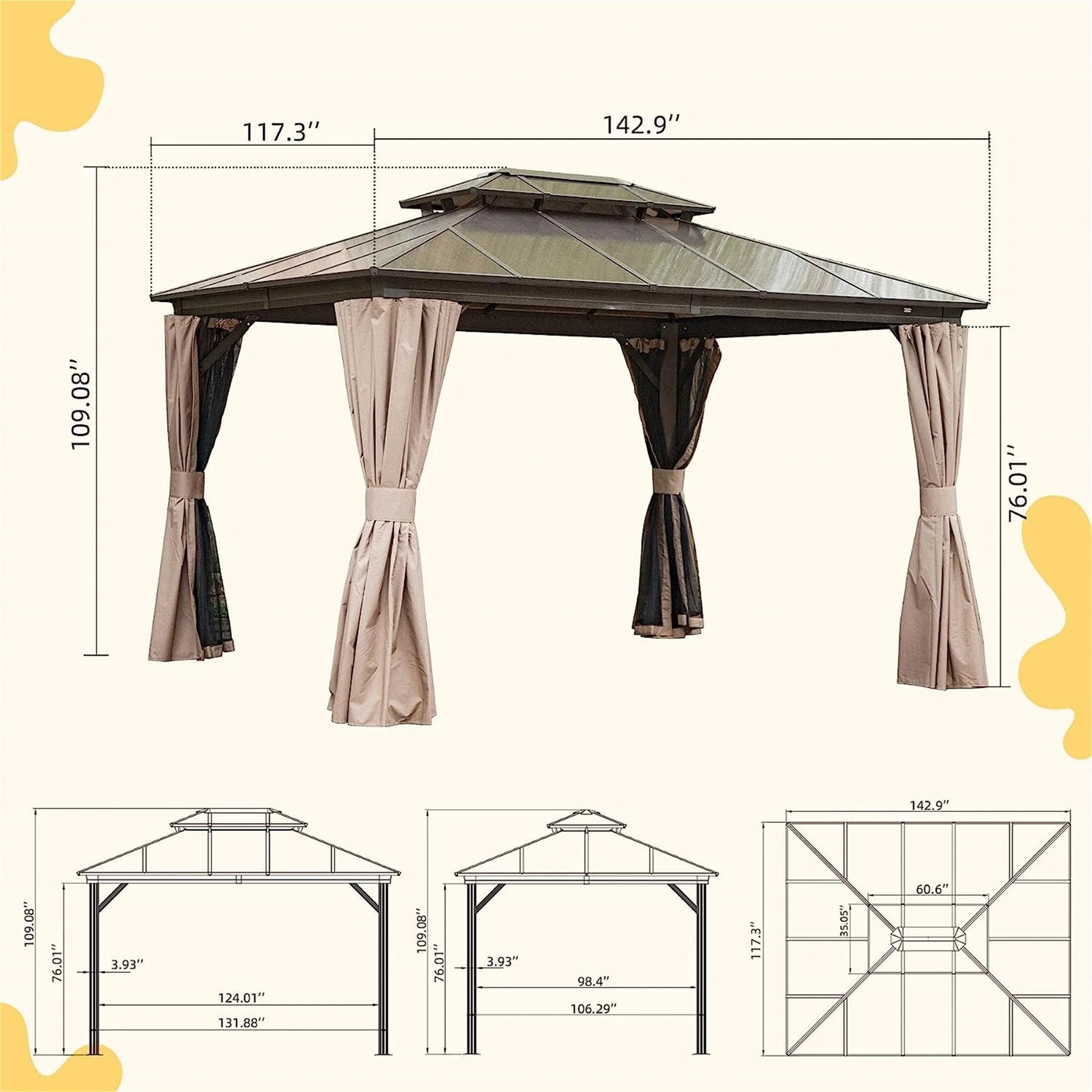YJTONWIN 10x12 FT Outdoor Hardtop Gazebo with Polycarbonate Double Roof