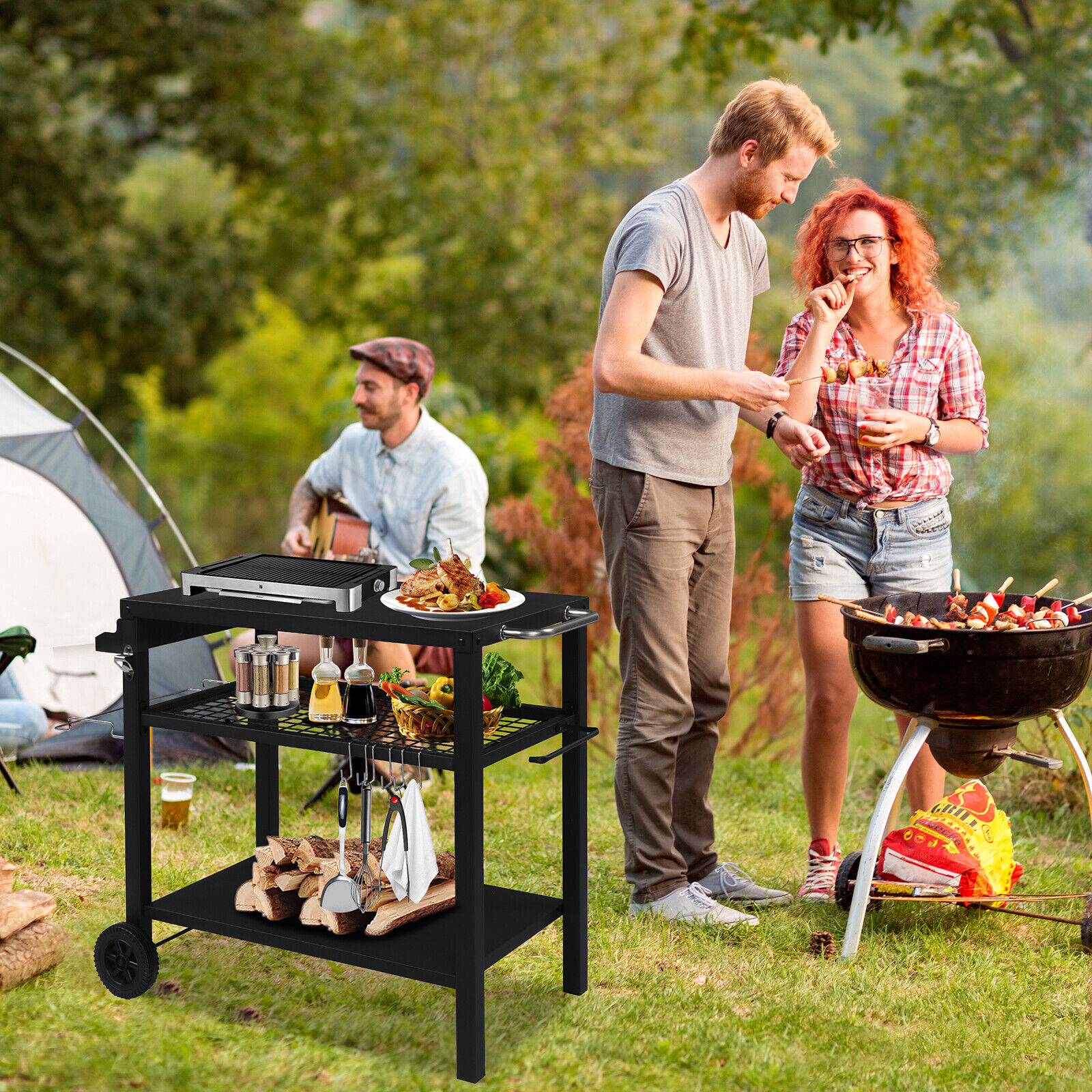 3 Tiers Outdoor Grill Cart Table Movable Bbq Trolley Food Prep Cart With Hooks