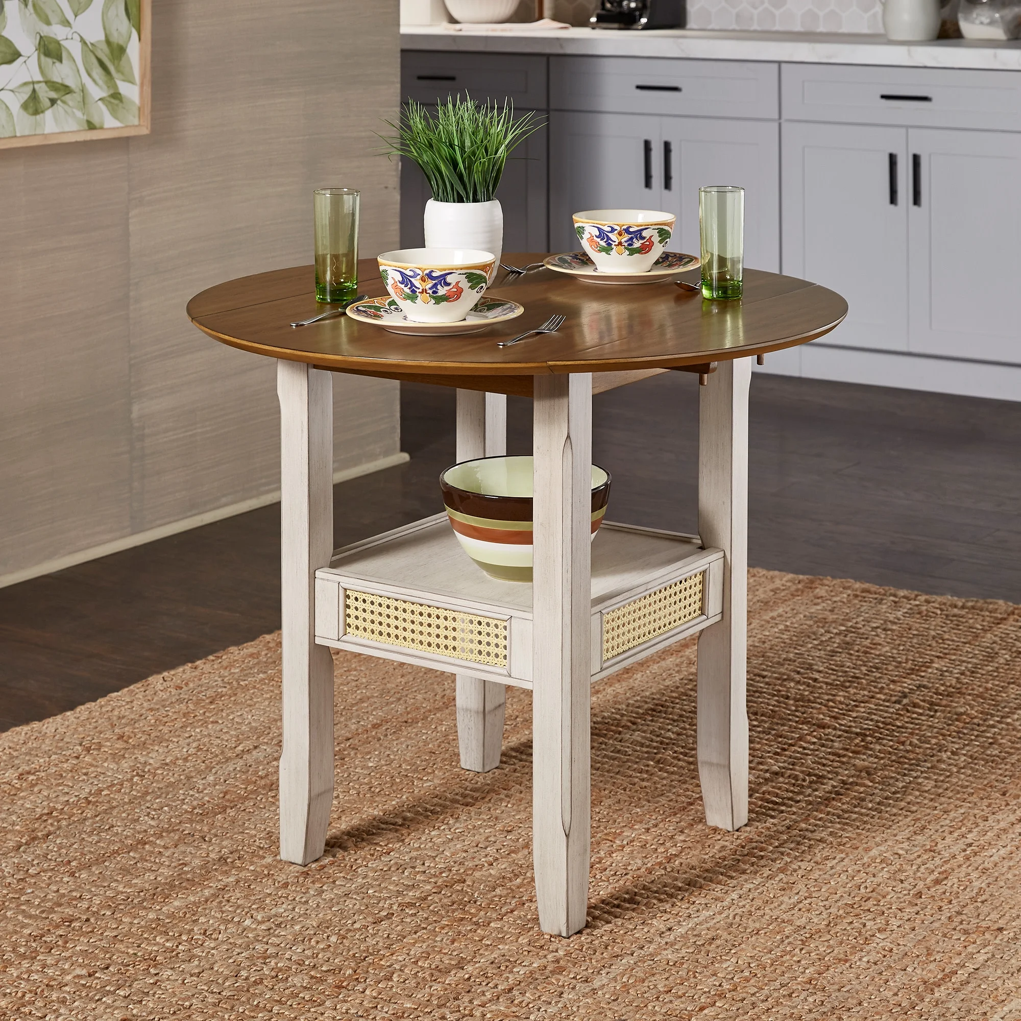 Weston Home Pulukan Cane Accent Round Dining Table with 2-Drop Leaves, Oak and Antique White Finish