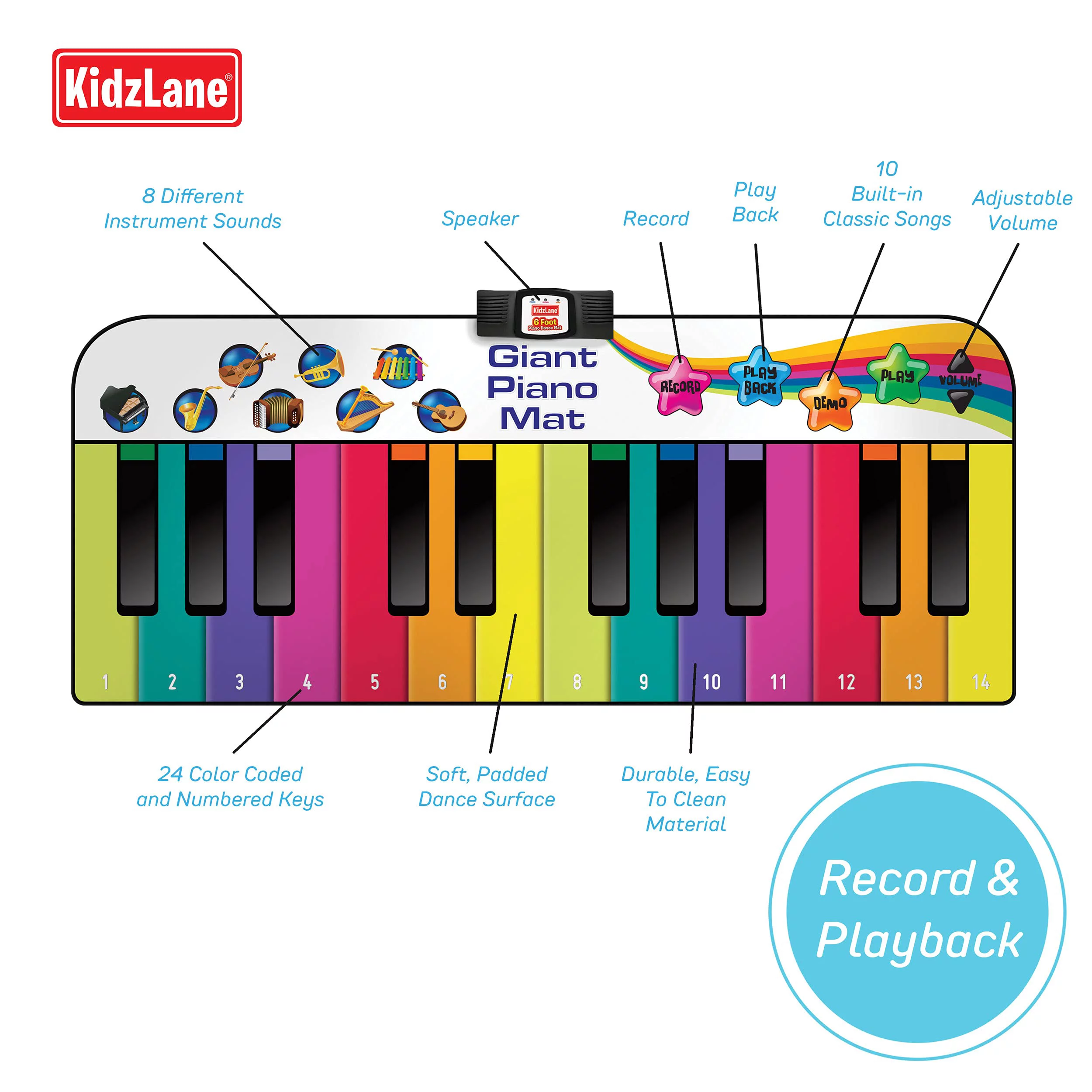 Kidzlane Giant Floor Piano Mat | 6 ft, 24 Keys, 8 Sounds, 10 Songs | For Kids 3+ Years