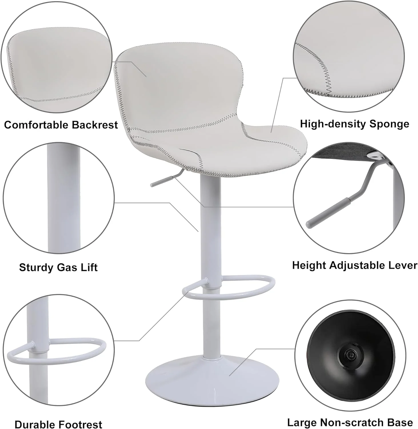 YILAN Bar Stools Set of 2, PU Leather Counter Height Barstools with Back, Height Adjustable Swivel Bar Chairs, Modern Armless Kitchen Island Stool, White