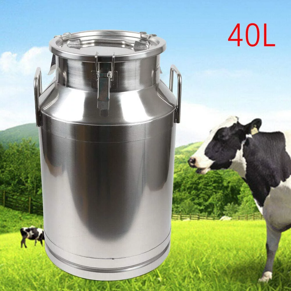 Milk Bucket 10.5 Gallon Food Grade Stainless Steel Milk Transport Can Wine Pail Bucket Tote Jug with Sealed Lid Heavy Duty Milk Wine Liquid Storage Container Silver (10.5 Gallon / 40 Liters)