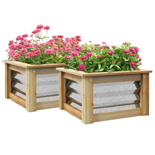 Buumin Outsunny Raised Garden Bed Set of 2, Outdoor Planter Box, Galvanized Metal Reinforced with Wood, Stock Tanks for Growing Flowers, Herbs and Vegetables