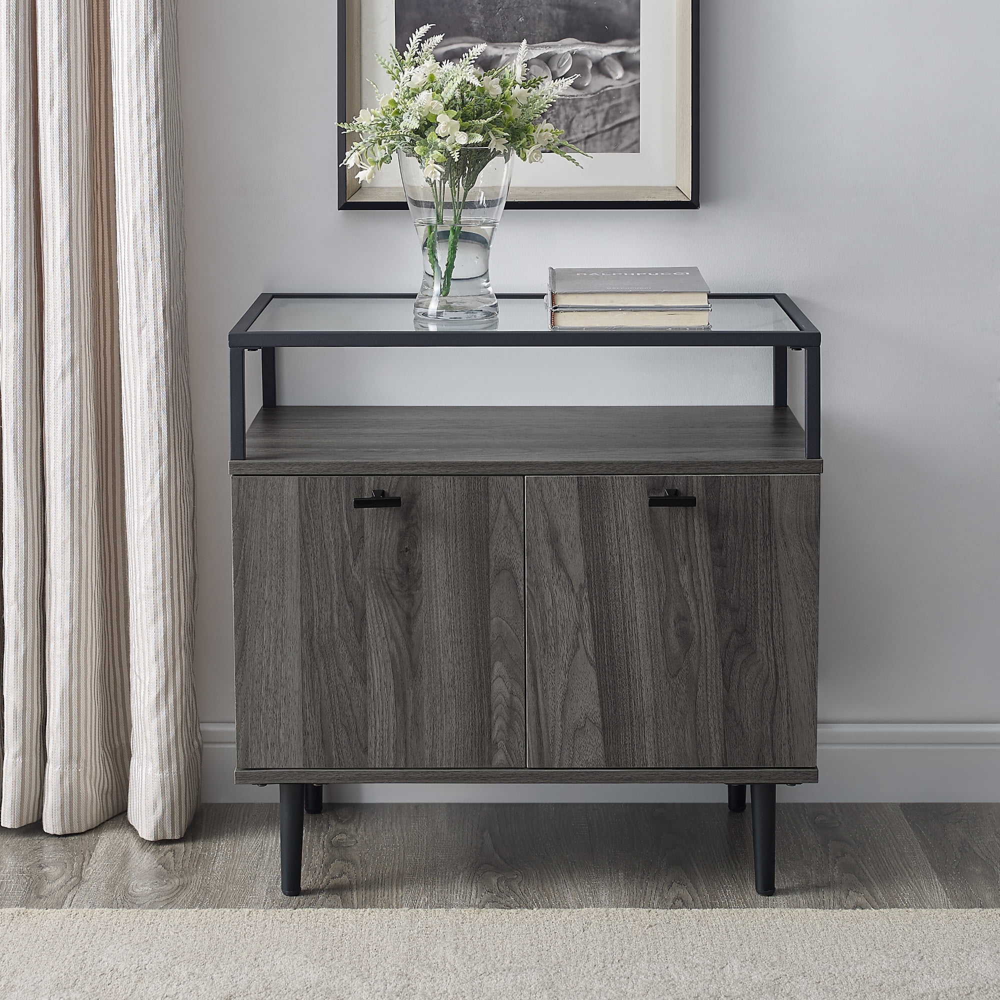 Manor Park Modern Glass Top Two-Door Storage Cabinet, Slate Grey