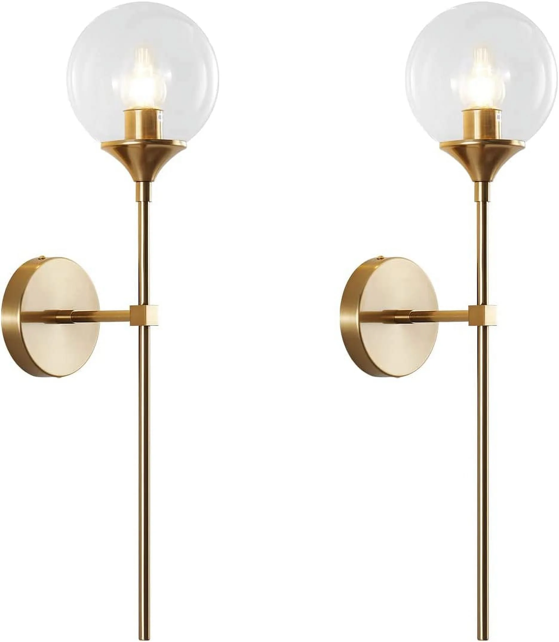 HYUN Clear Bubble Glass Globe Wall Mounted Sconce Light Set of 2 Modern Brass Gold Long Pole Wall Sconce Lighting Set of Two Mid Century Vintage Bathroom Mirror Wall Lamp (Clear)