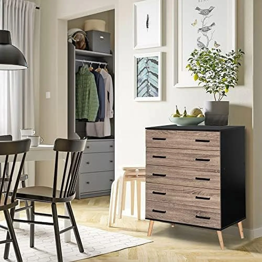 HBBOOMLIFE Eli Mid-Century Modern 5 Drawer Chest Dark Gray & Honey Oak