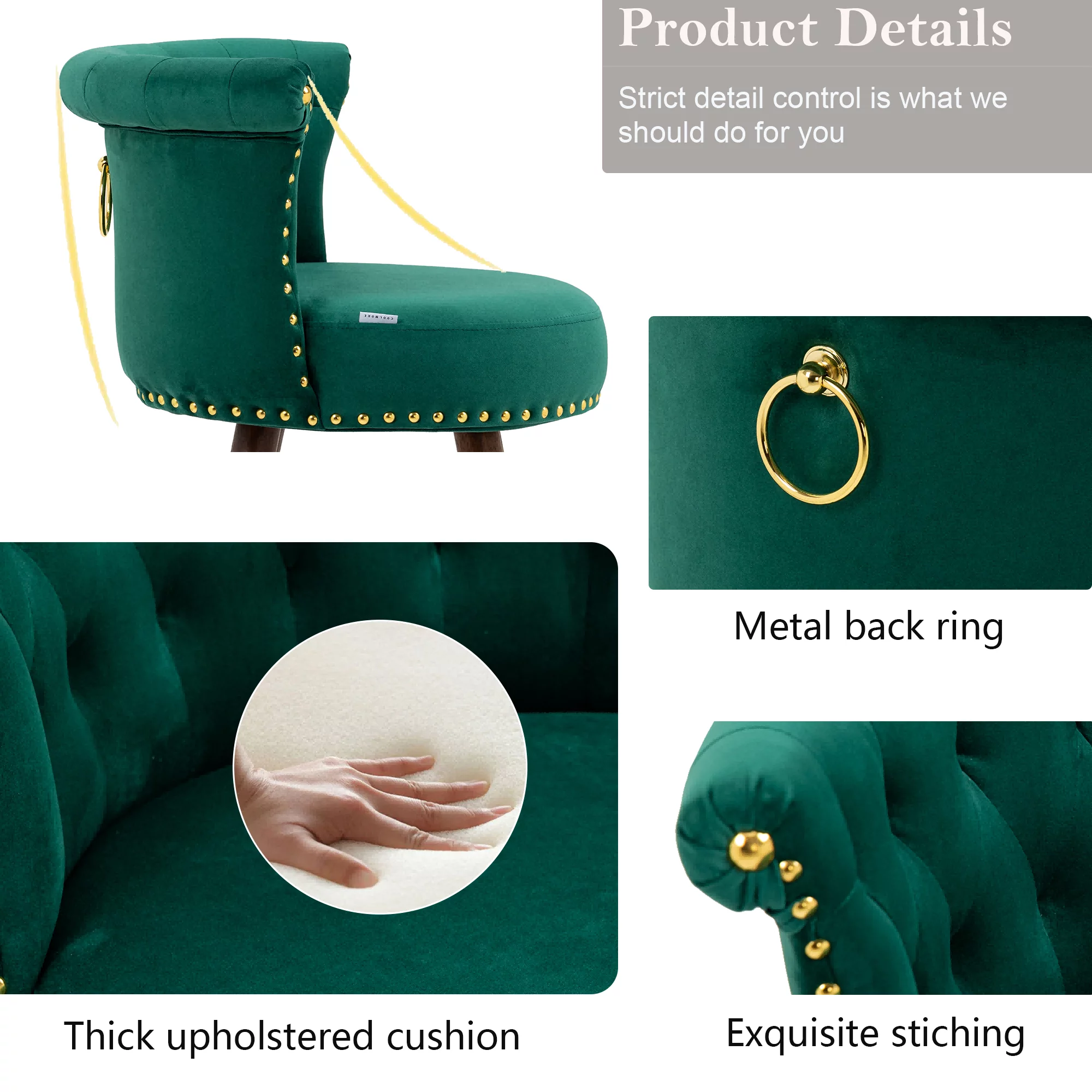 Upholstered Bar Stools, Tufted Counter Height Bar Stool Chairs with Solid Wood Legs Kitchen Island Padded Barstools with Nailhead Trim and Footrest High Chairs(Emerald,Set of 2)