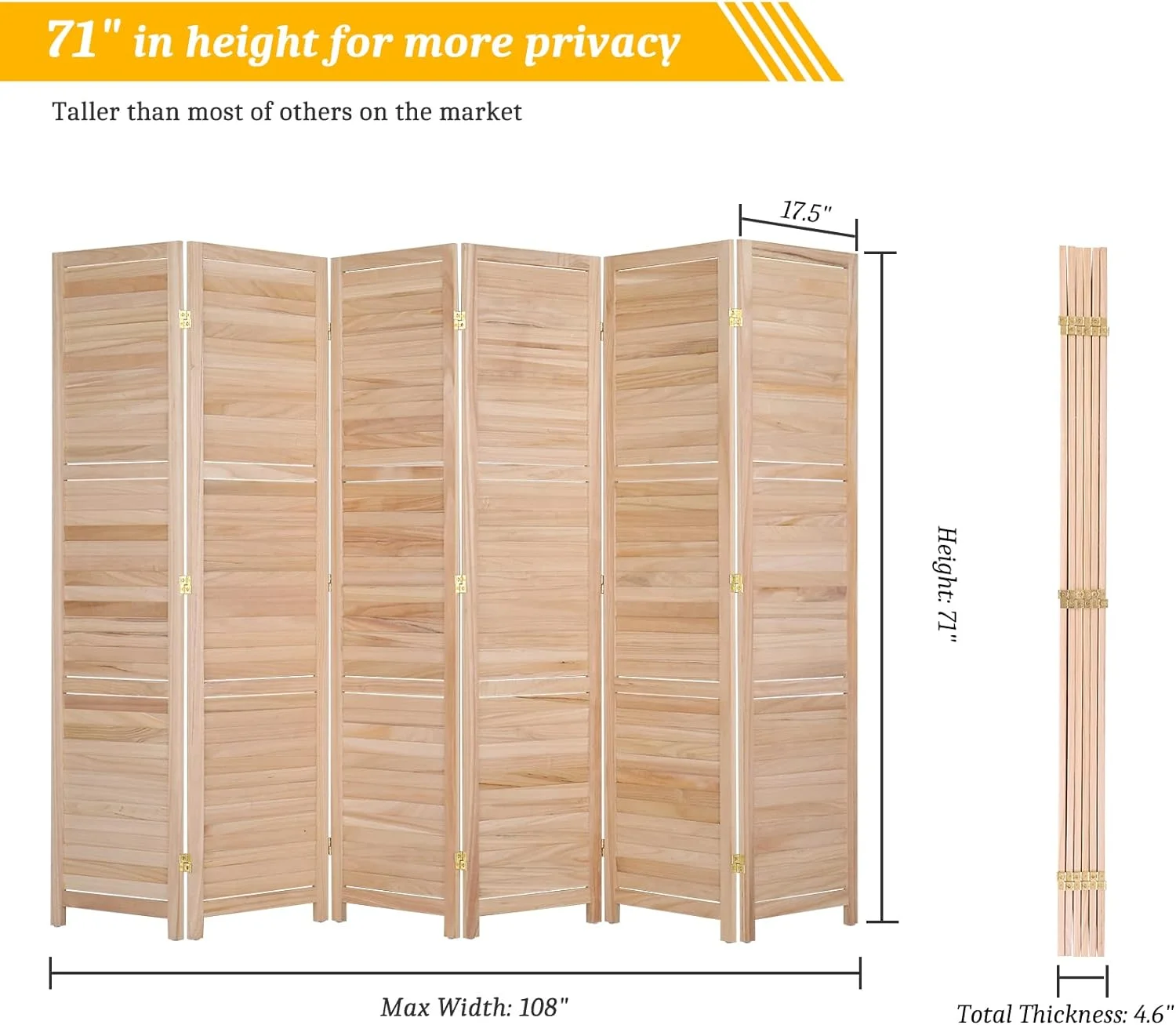 Wood Room Divider Privacy Screen, 5.9 Ft Tall Folding Partition Wall Divider, Indoor Freestanding Hinged Space Separator (Natural, 6 Panel)