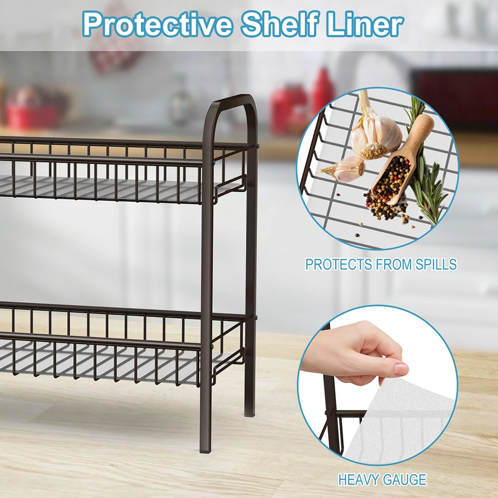 Spice Rack Organizer for Cabinet Countertop, 2 Tier Freestanding Metal Kitchen Storage with Shelf Liner for Kitchen Cabinet Bathroom Pantry Office