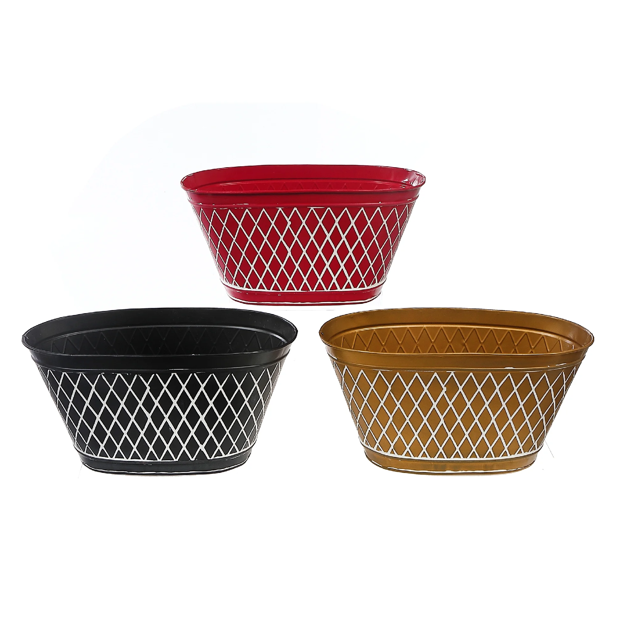 Maison Concepts Christmas Metal Oval Diamond Planter - Set of 3 (11L X 5.9W X 5.5H)