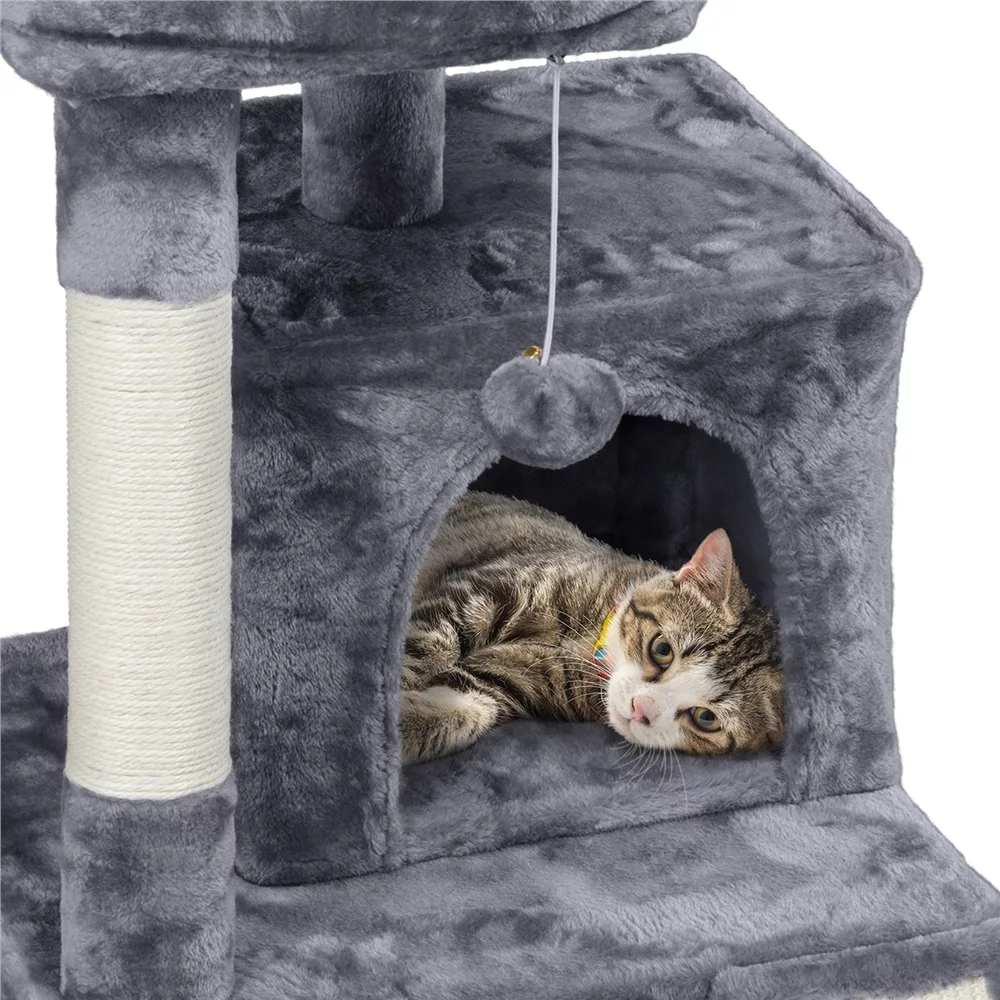 Easyfashion Multilevel Plush Cat Tree with Double Condos and Furry Ball,Dark Gray