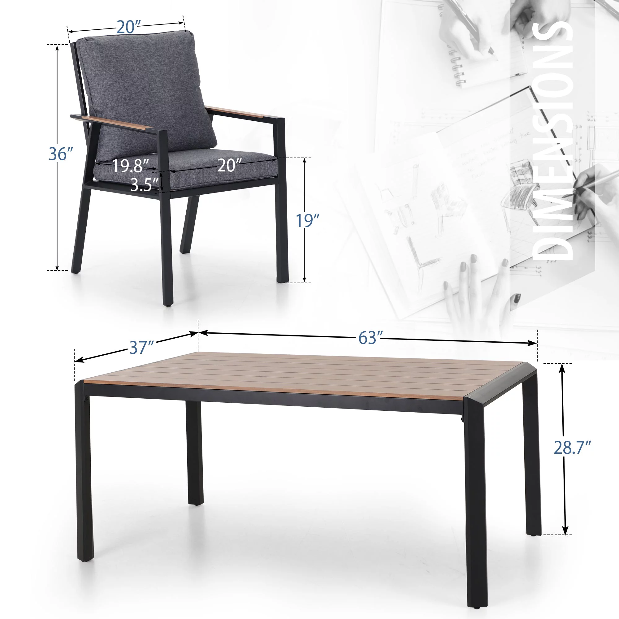 Sophia & William 7 Pieces Metal Patio Dining Set with Dark Grey Cushions