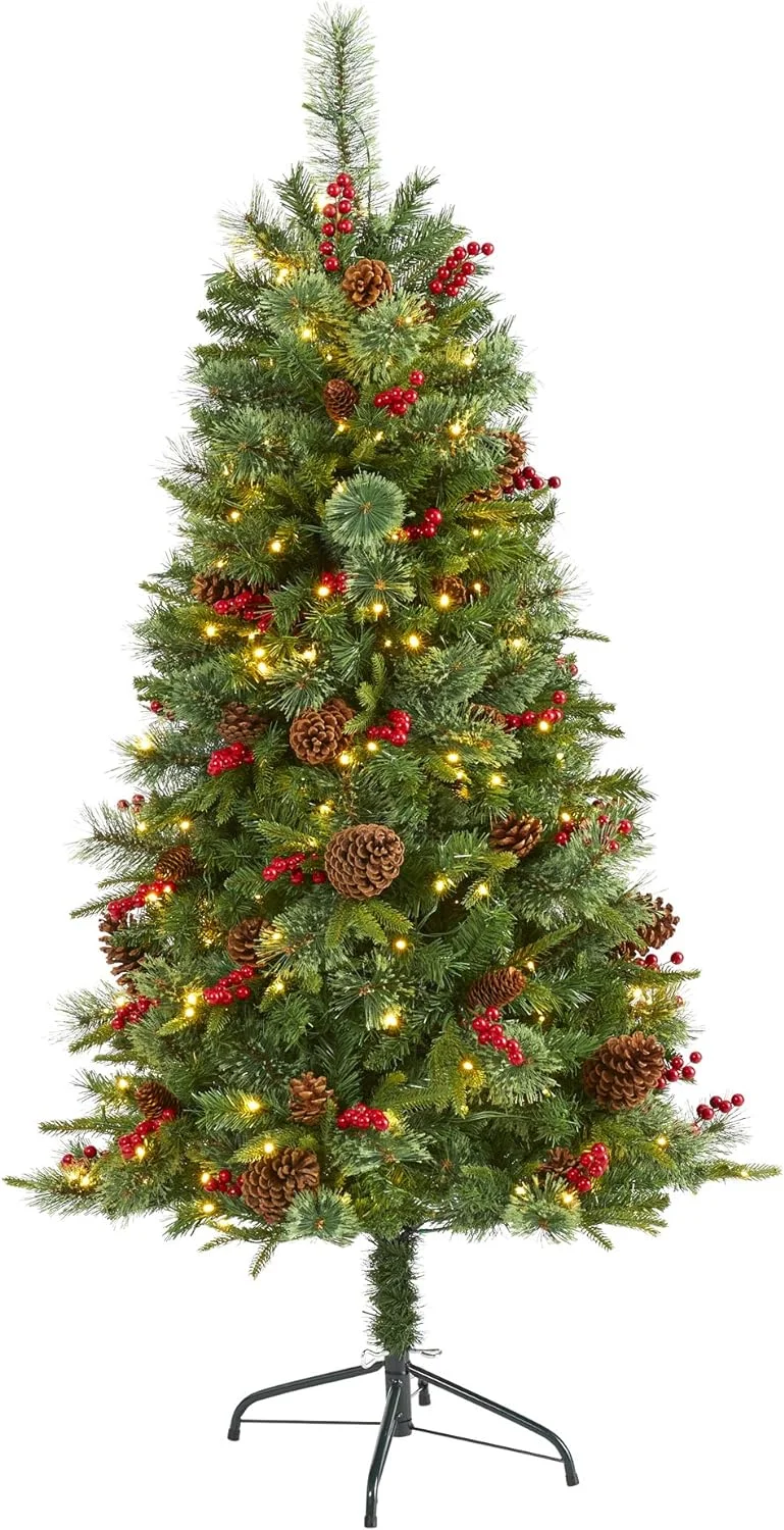 YANRUI 5ft. Norway Mixed Pine Artificial Christmas Tree with 200 Clear LED Lights, Pine Cones and Berries