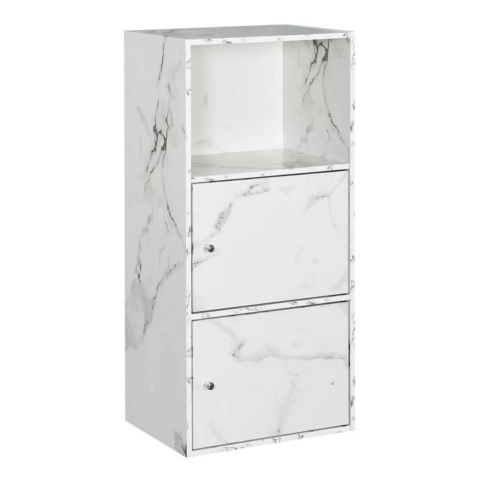 Pemberly Row Storage 2 Door Cabinet in White Faux Marble Wood Finish