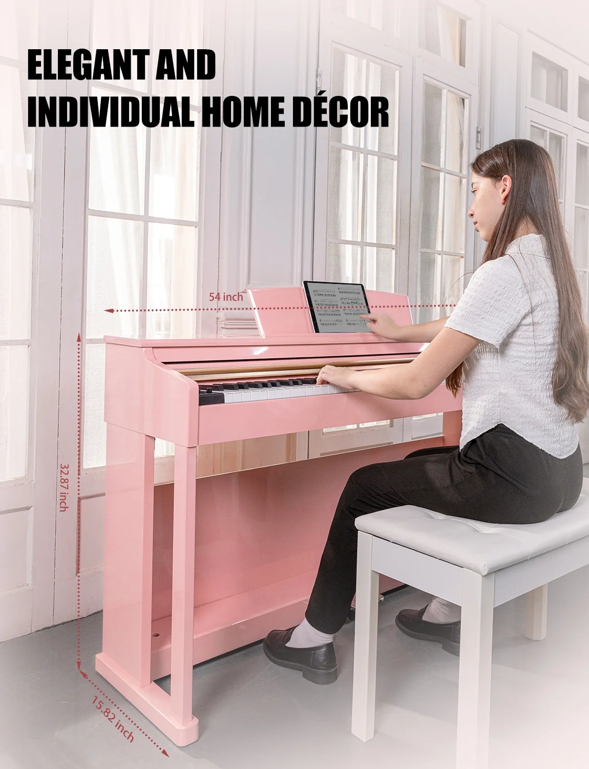 UMP-100 88 Key Weighted Keyboard Piano with Furniture Stand｜Power Adapter｜Triple Pedal & MIDI Connecting - Full Size Digital Electric Piano for Beginners & Pros，Pink