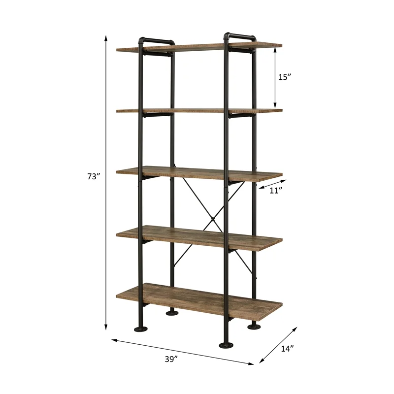 Bowery Hill 5 Wooden Tiers Shelf Bookcase in Rustic Oak and Black