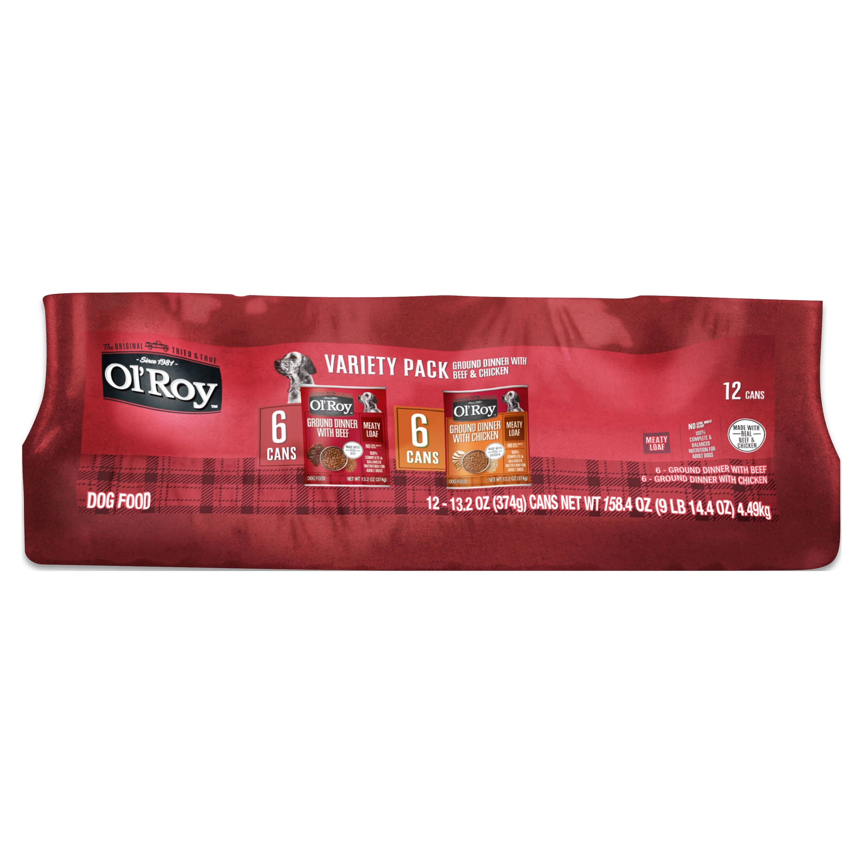 Ol' Roy Ground Dinner Beef and Chicken Variety Pack, Adult Wet Dog Food 13.2 oz, 12 Count