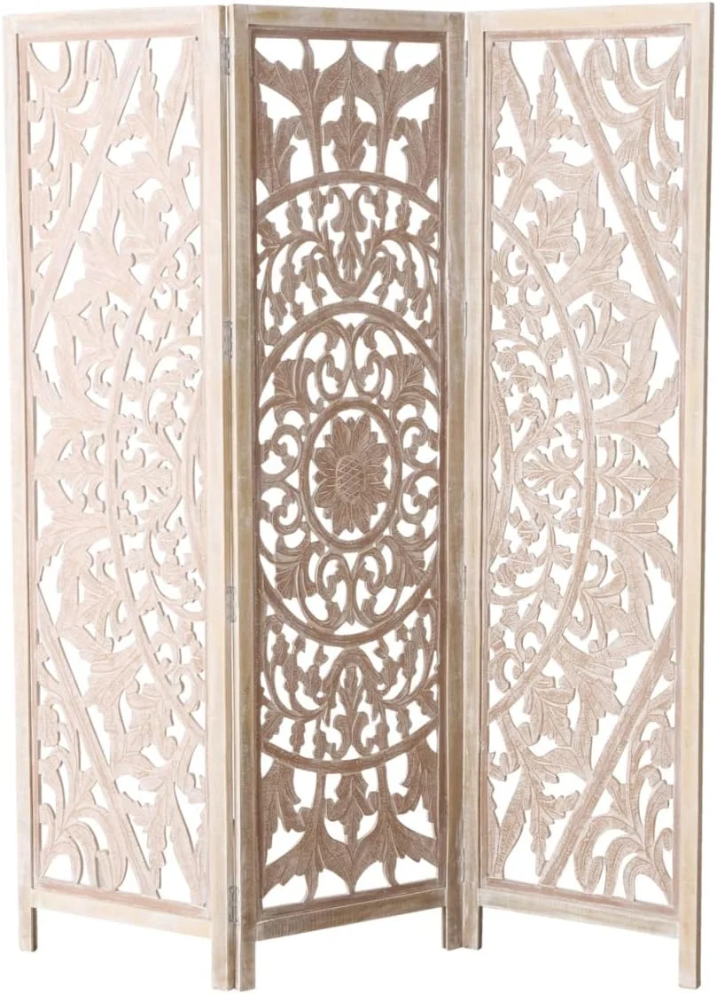 Daisy Mandala Room Divider, Carved Floral Motifs, 3 Panels, Natural Mango, White Wash, Distressed Finish, Wood Frame, Approx. 6 Feet Tall, (71.5 Inches)