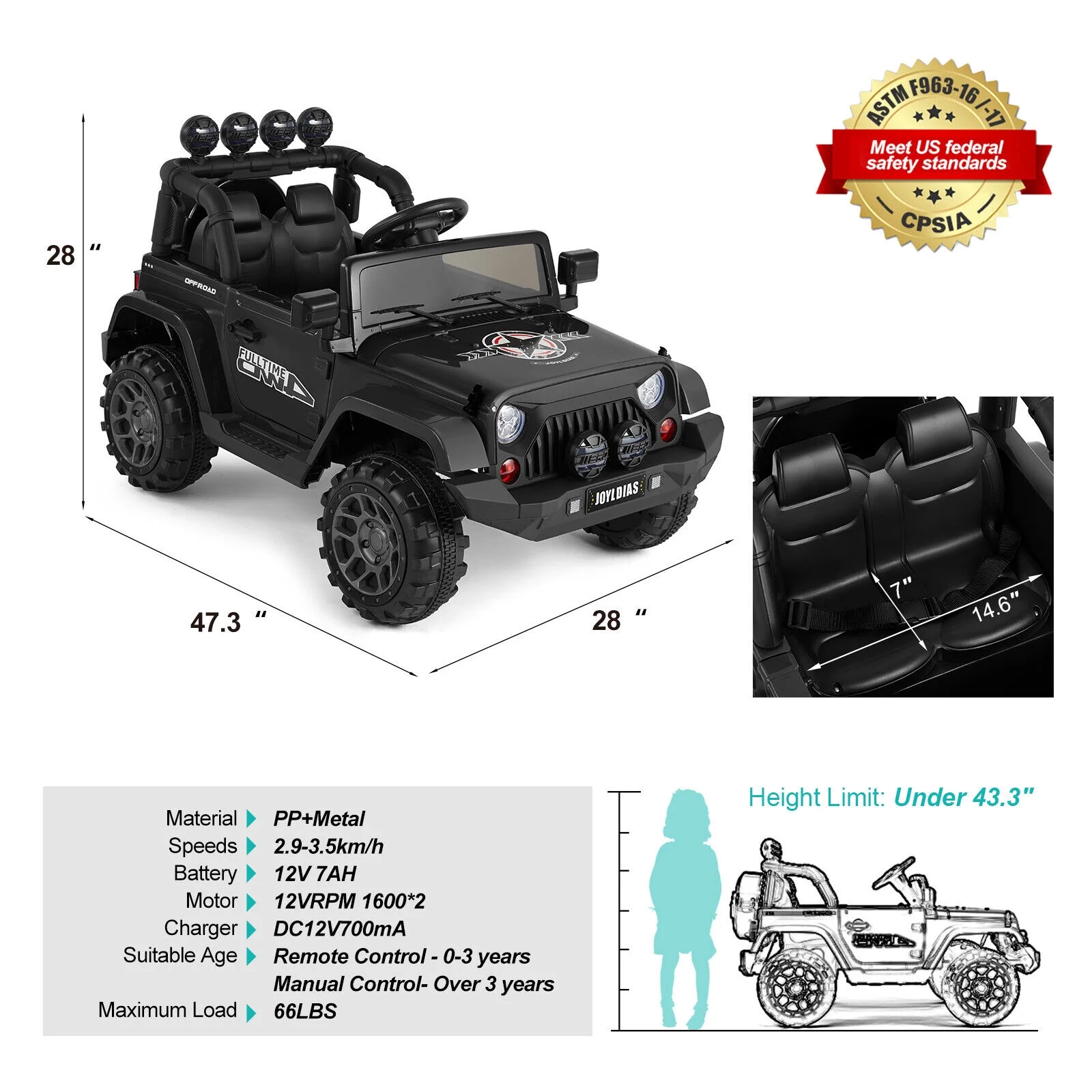 12V Kids Ride On Truck Electric Car with DIY Stickers, Bluetooth, Remote Control, MP3 Player, LED Lights (Black)