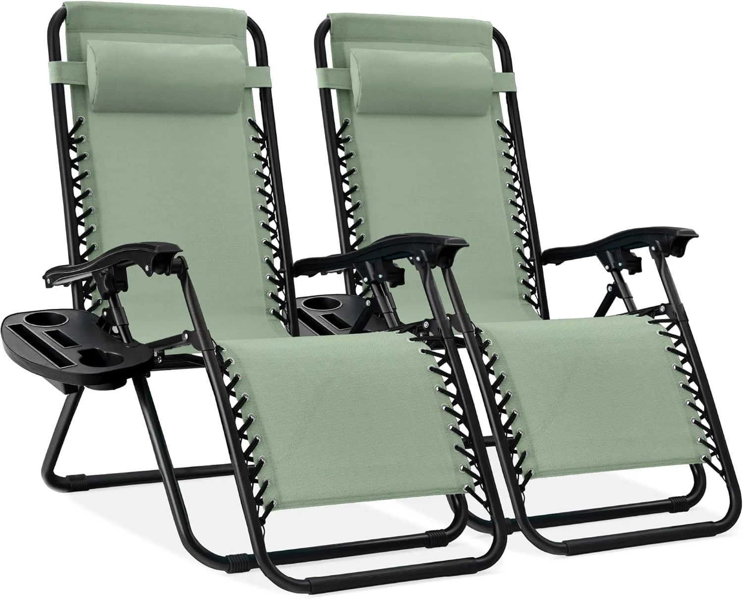 Set of 2 Adjustable Steel Mesh Zero Gravity Lounge Chair Recliners w/Pillows and Cup Holder Trays, Navy Blue