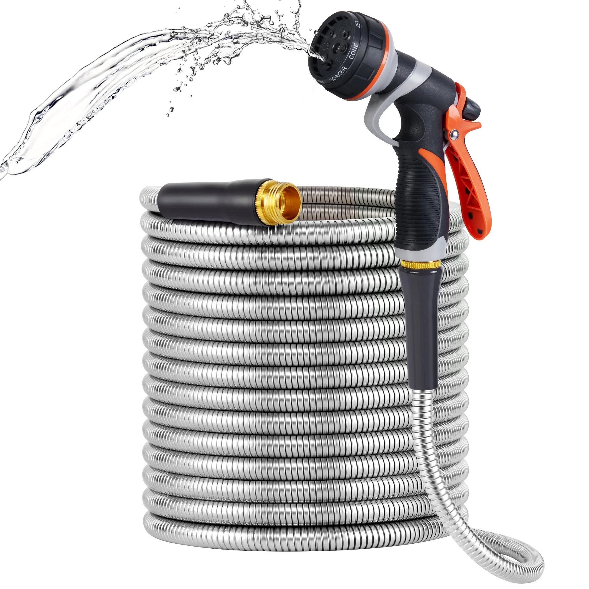 Uarter 50ft Stainless Steel Garden Hose with Durable Construction, Adjustable Nozzle, Kink Resistance, and Convenient Storage Strap