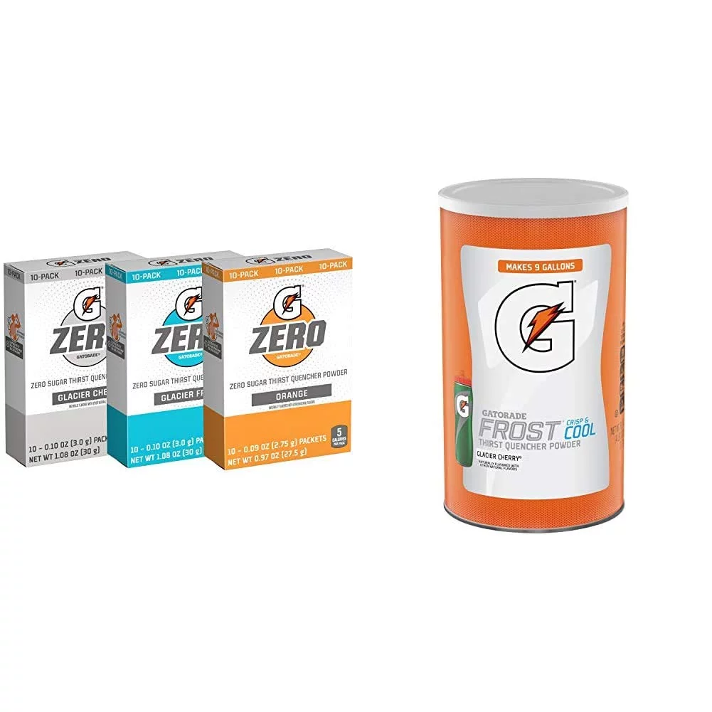 Gatorade Zero Powder, 3 Flavor Variety Pack, 50 Count & Thirst Quencher Powder, Glacier Cherry, 76.5 Oz Canister