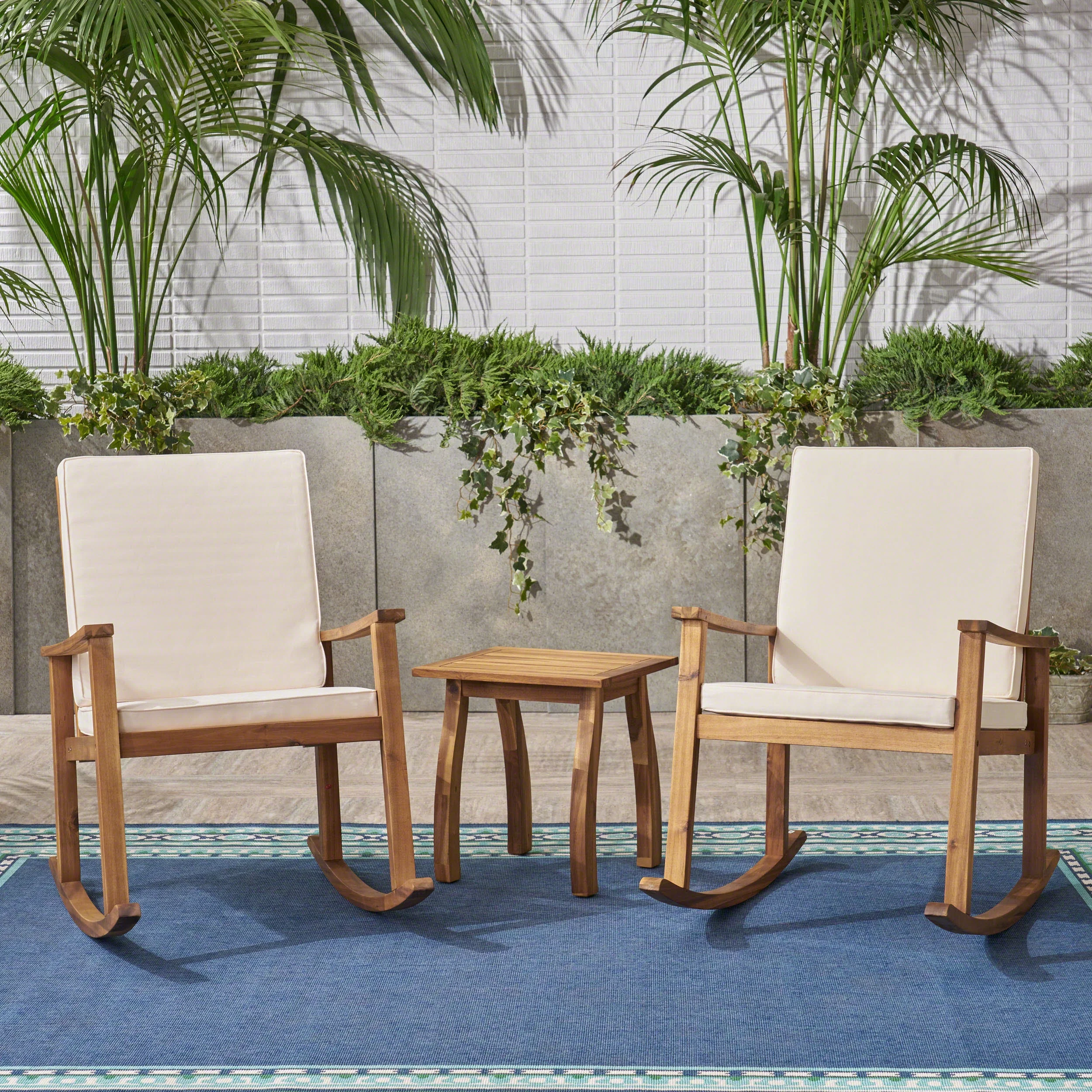 Laney Outdoor 3 Piece Acacia Wood Rocking Conversation Set with Cushions, Teak, Cream