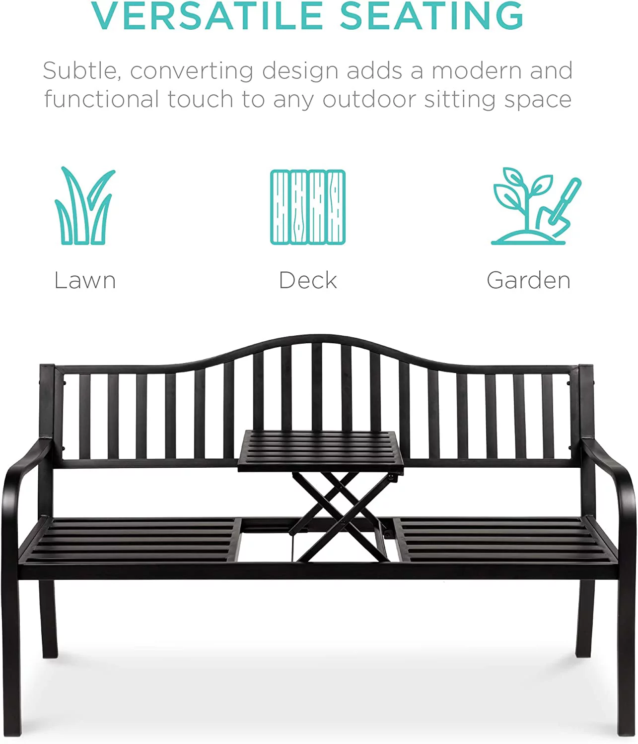 Outdoor Garden Bench with Pullout Middle Table, Double Seat Steel Metal for Patio, Porch, Backyard w/Weather- Resistant Frame, 600lb Weight Capacity - Black