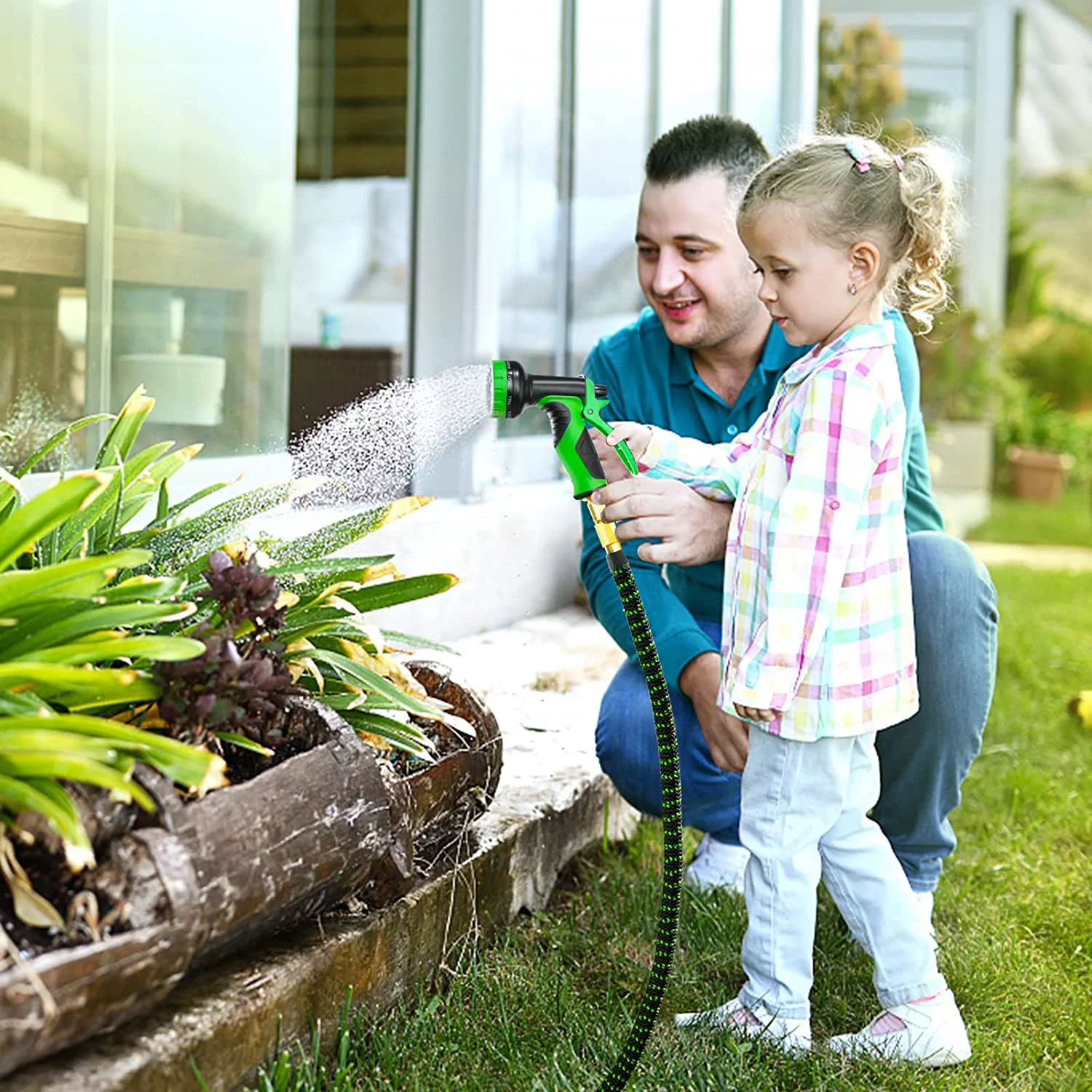 HBlife Garden Hose 100FT, Expandable Hose Flexible Lightweight Water Hose with 9 Function Nozzle Sprayer Expanding Durable Hose with 3/4 Inch Solid Brass Fittings, Black and Green