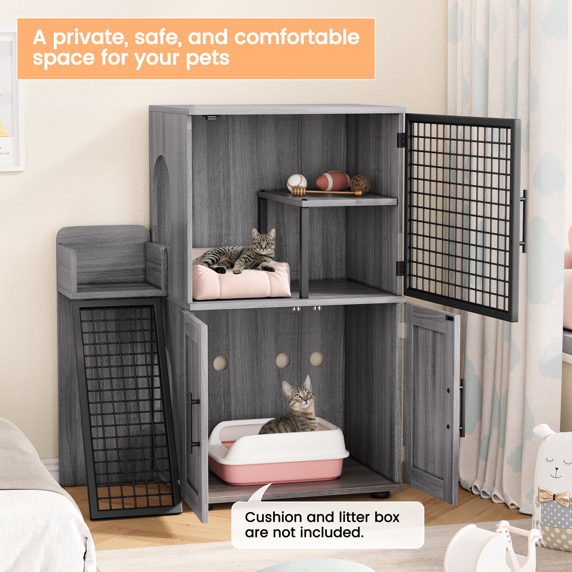 Towallmark 2 In 1 Hidden Litter Box Enclosure Furniture, 2 Storage Racks And 2 Drawers, Litter Box With Platform, Ladder, Indoor Cat Washroom, Rustic Grey