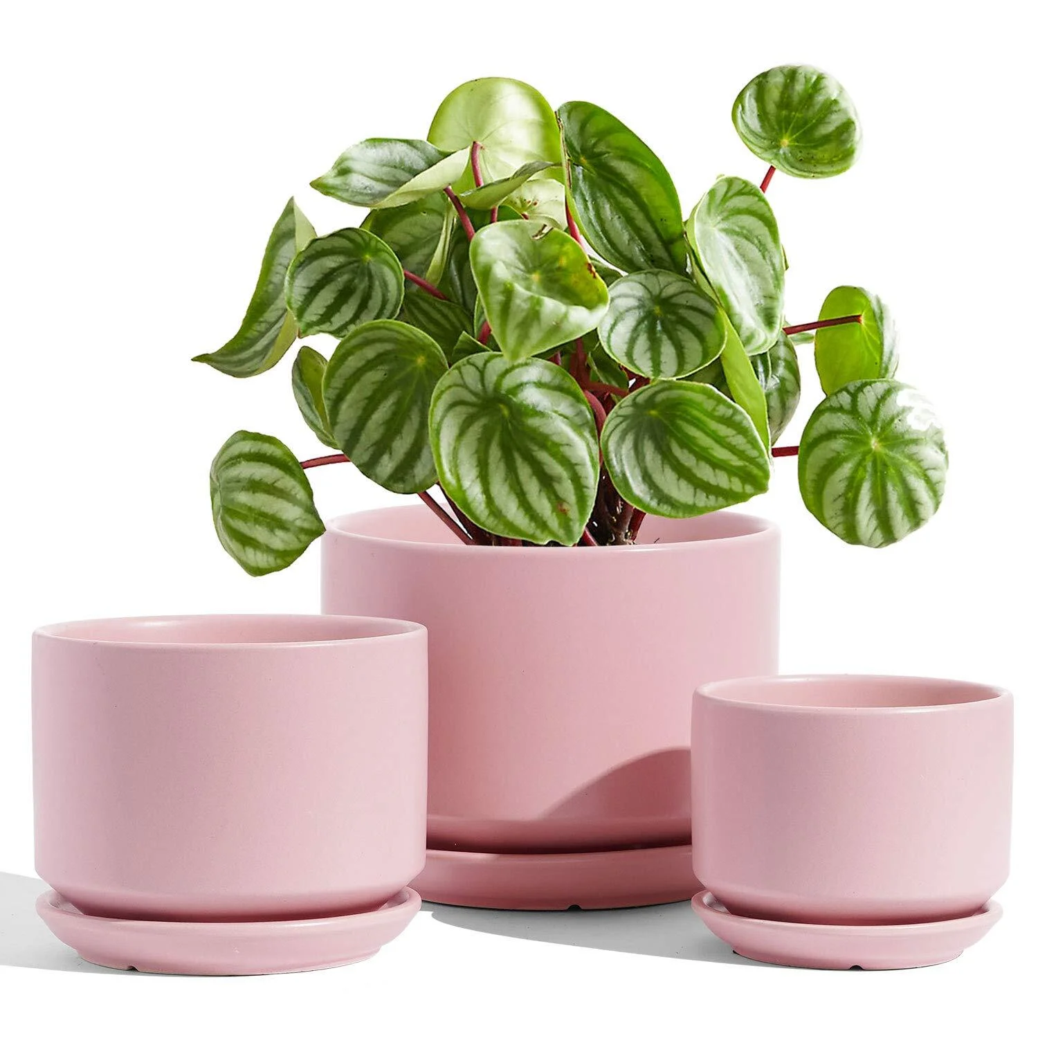 BEMAY Ceramic Planters, 4.3+5.3+6.8 inch Plant Pots with Drainage Hole and Saucer, Pack of Three Morden Flower Planters for Home Office, Pink