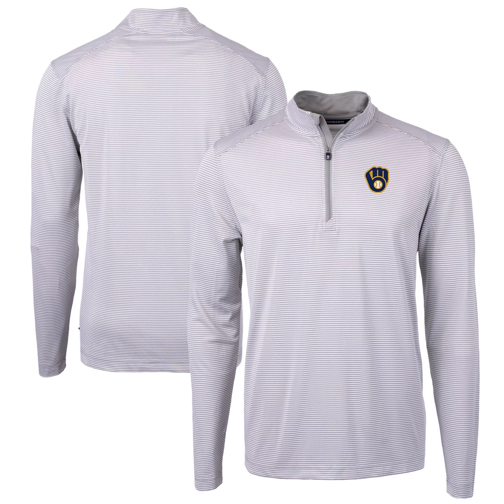 Men's Cutter & Buck Gray/White Milwaukee Brewers Virtue Eco Pique Micro Stripe Big & Tall Recycled Quarter-Zip Pullover