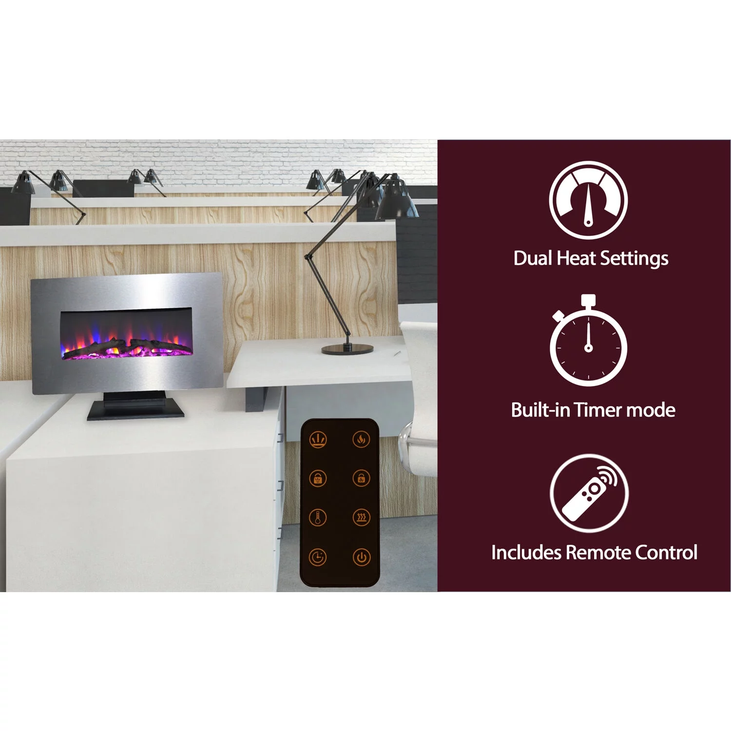 Cambridge 36 In. Electric Wall Mounted Fireplace Heater with Flame Driftwood Log Display, Adjustable Heat, Remote, in Stainless Steel Finish - CAM36WMEF-2SS