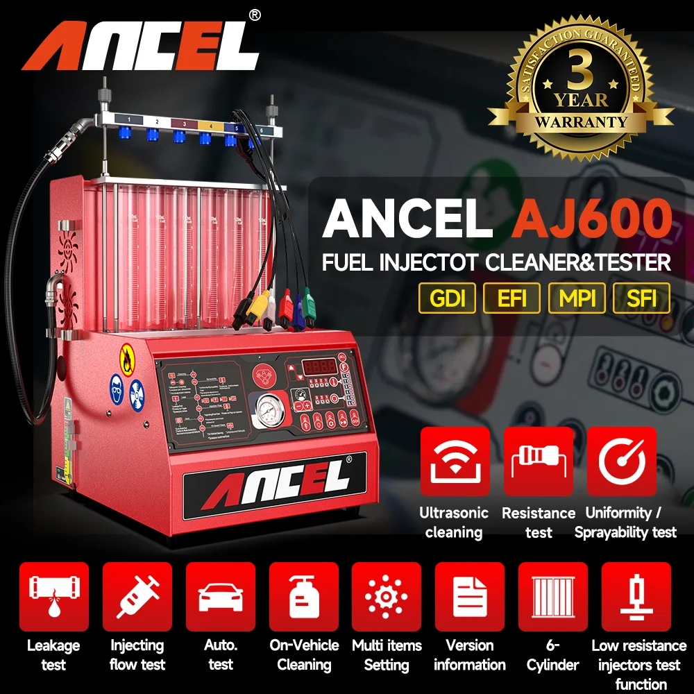 ANCEL AJ600 GDI Fuel Injector Cleaner and Tester 6-cylinder Vehicle Injection Leakage Tester Ultrasonic Wave Cleaning and Testing Machine Uniformity Test Injecting Flow Test for Automotive Injector