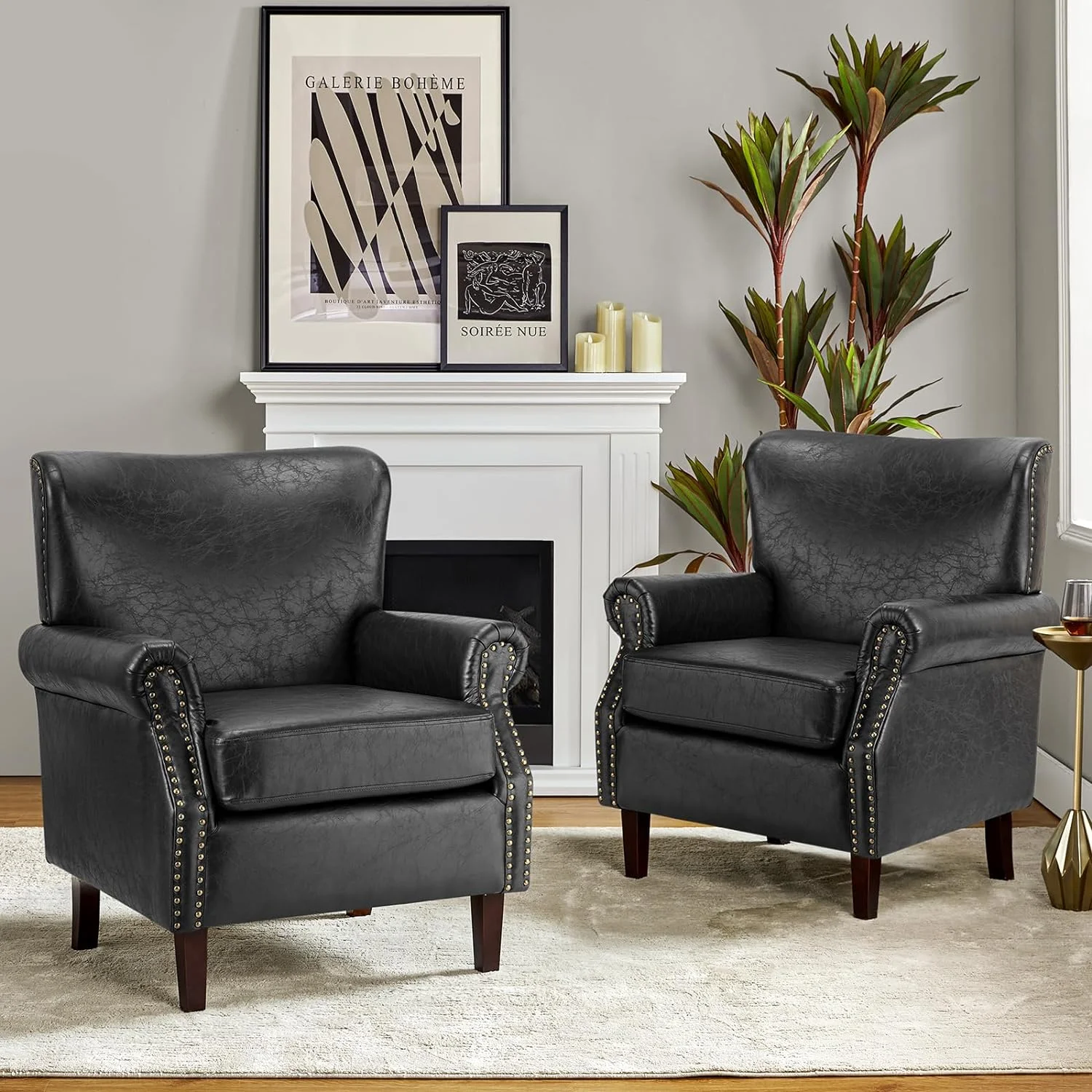 Faux Leather Accent Chairs Set Of 2 With Rolled Armrests & Nailhead Trim, Comfy Upholstered Living Room Armchairs With Removable Cushion, Traditional Sofa Chairs For Bedroom Office, Black