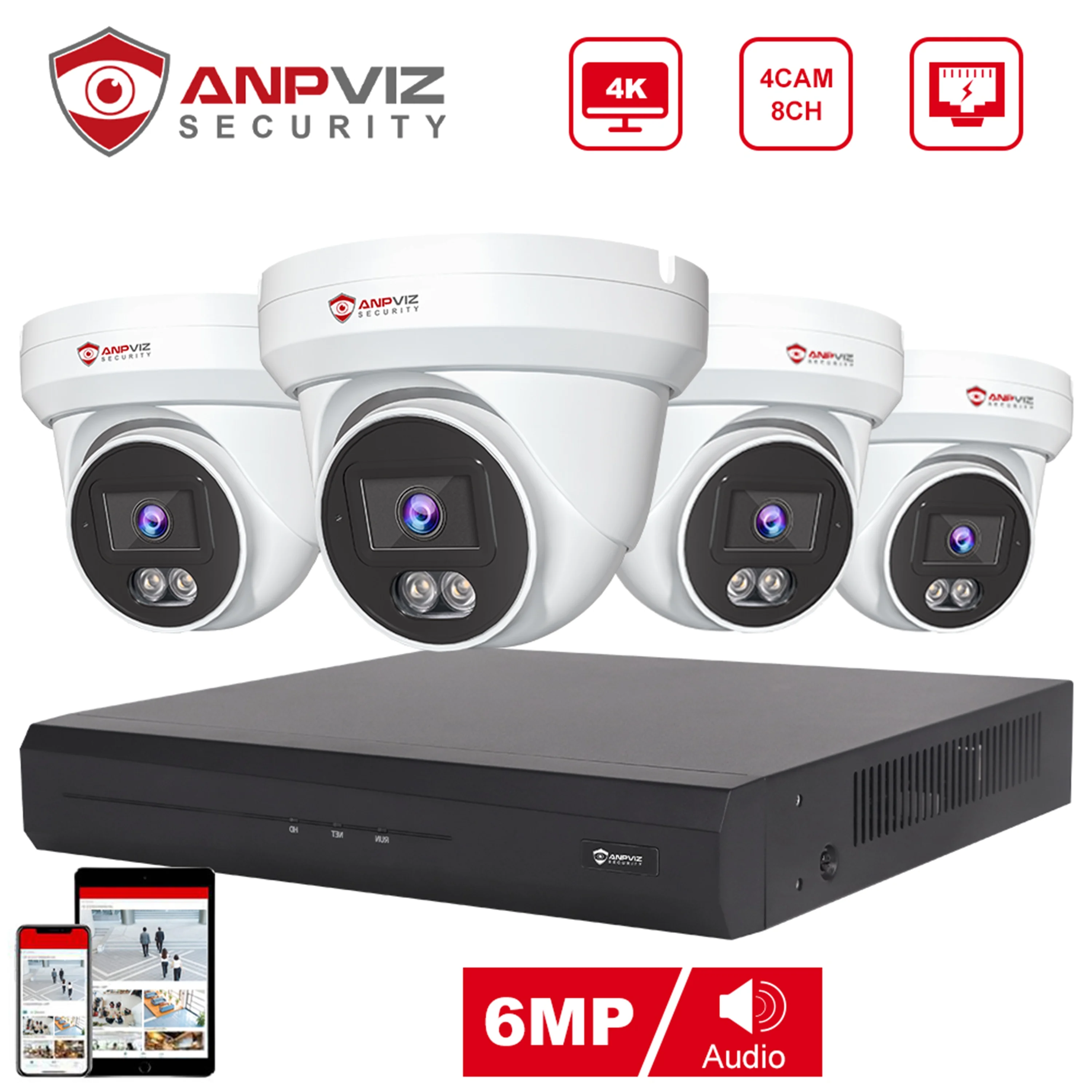 Anpviz 4K 8CH PoE Security Camera System, 4pcs Wired 6MP PoE IP Cameras Outdoor with Person Vehicle Detection, 6MP 4K 8-CH NVR with2TB HDD for 24/7 Recording