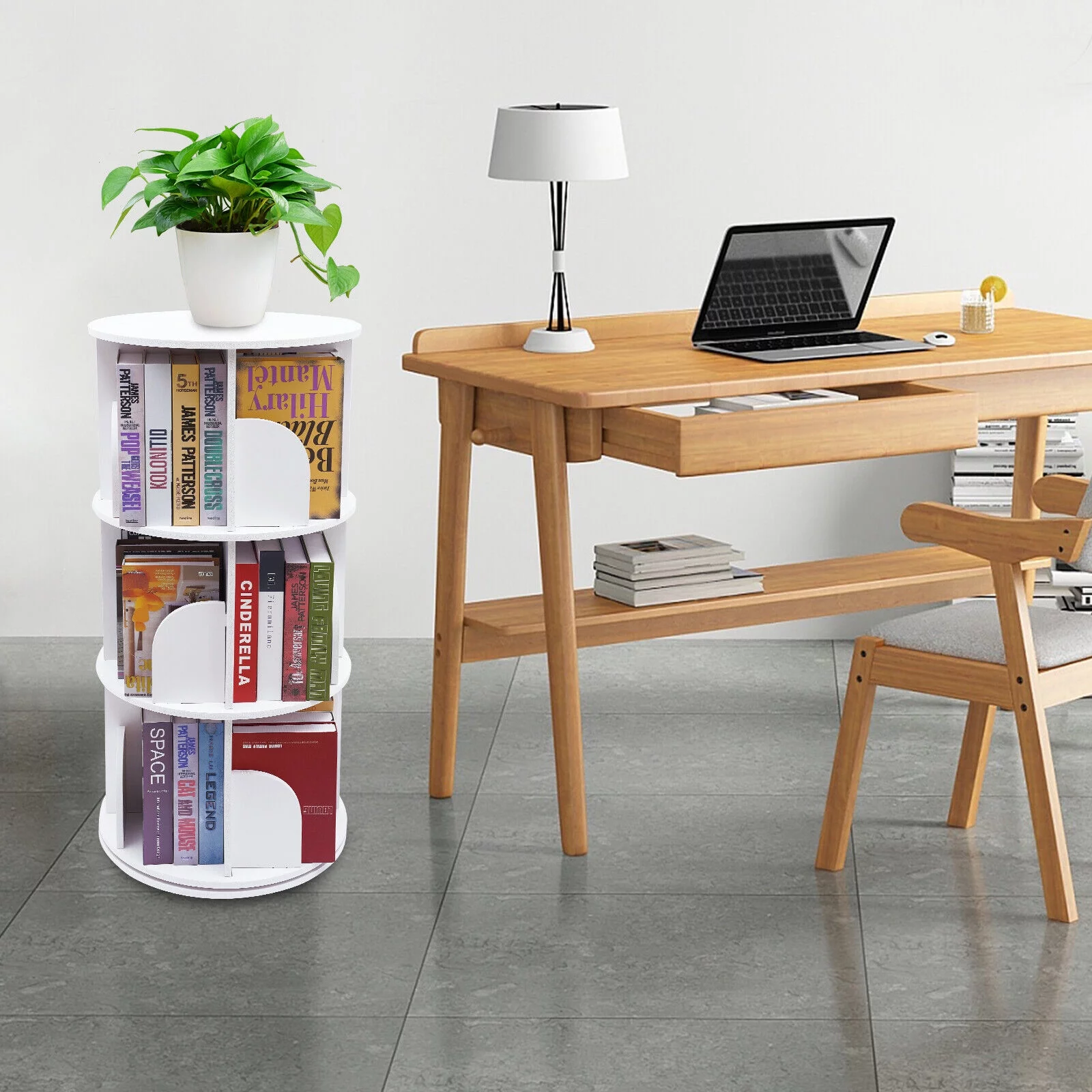 White 3 Tiers 360° Rotating Bookshelf Bookcase Display Rack Storing Shelving Shelf