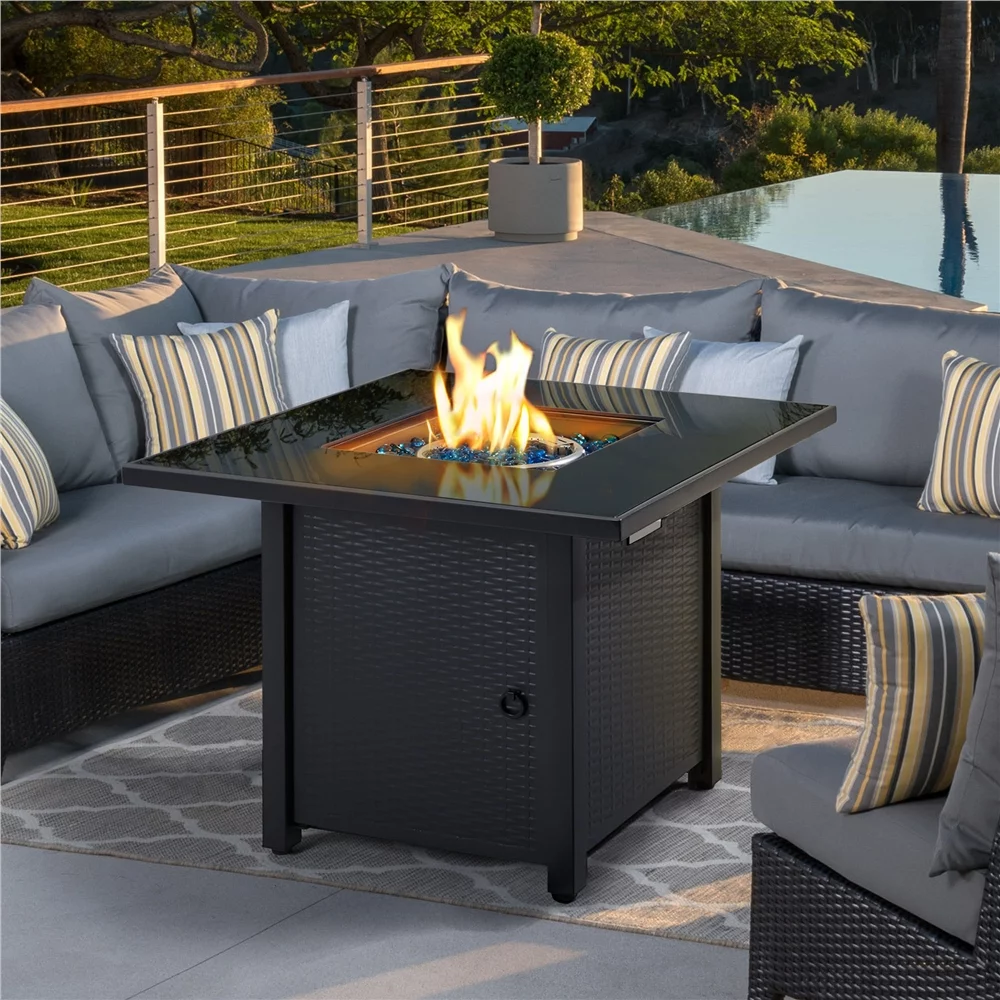 Topeakmart 30in Metal Fire Pit Table 50,000 BTU with Tempered Glass Tabletop, Glass Fire Stones & Water-resistant Cover, Propane