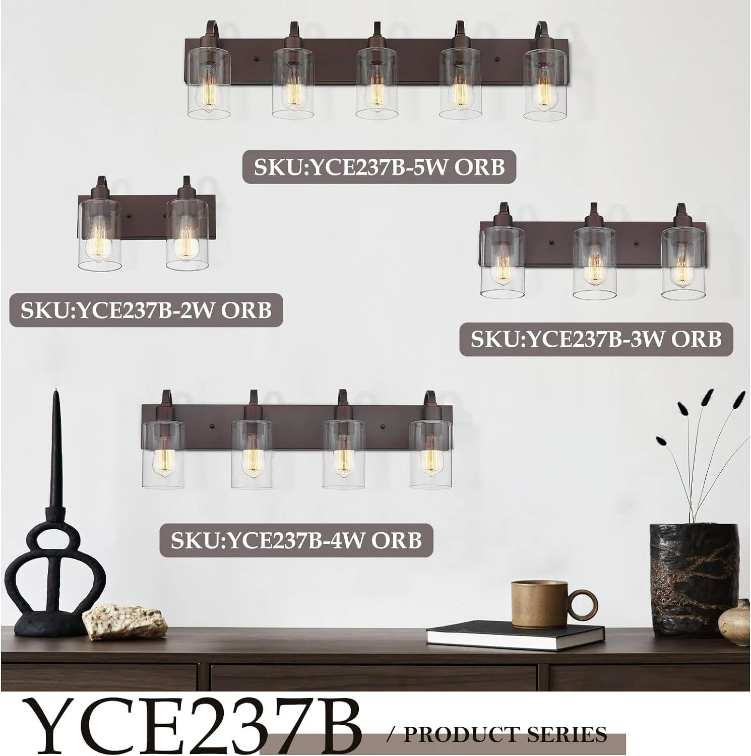 YUMIAO 5-Light Metal Bath Vanity Lighting Fixture, Farmhouse Wall Sconce Over Mirror with Clear Glass, Oil Rubbed Bronze Finish, YCE237B-5W ORB