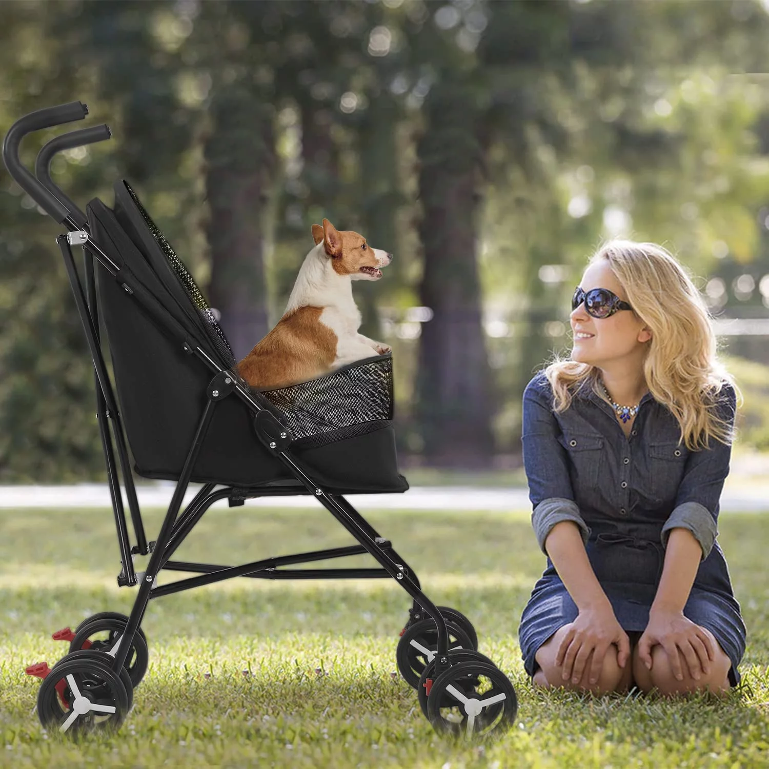 Dkelincs 4 Wheels Foldable Pet Stroller Dog Cat Stroller with Handlebars Breathable Mesh & Leash Seat Belt, Black