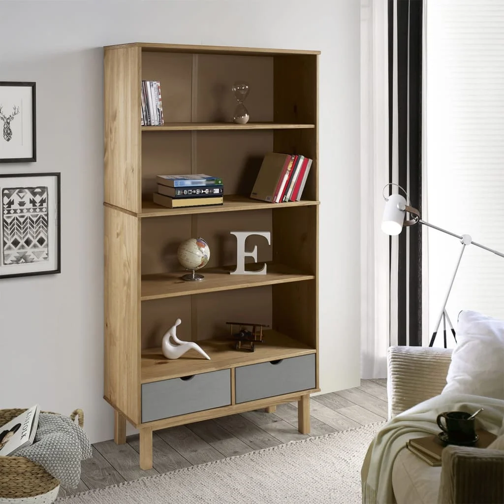 Suzicca Bookcase OTTA with 2 Drawers Brown and Gray Solid Wood Pine