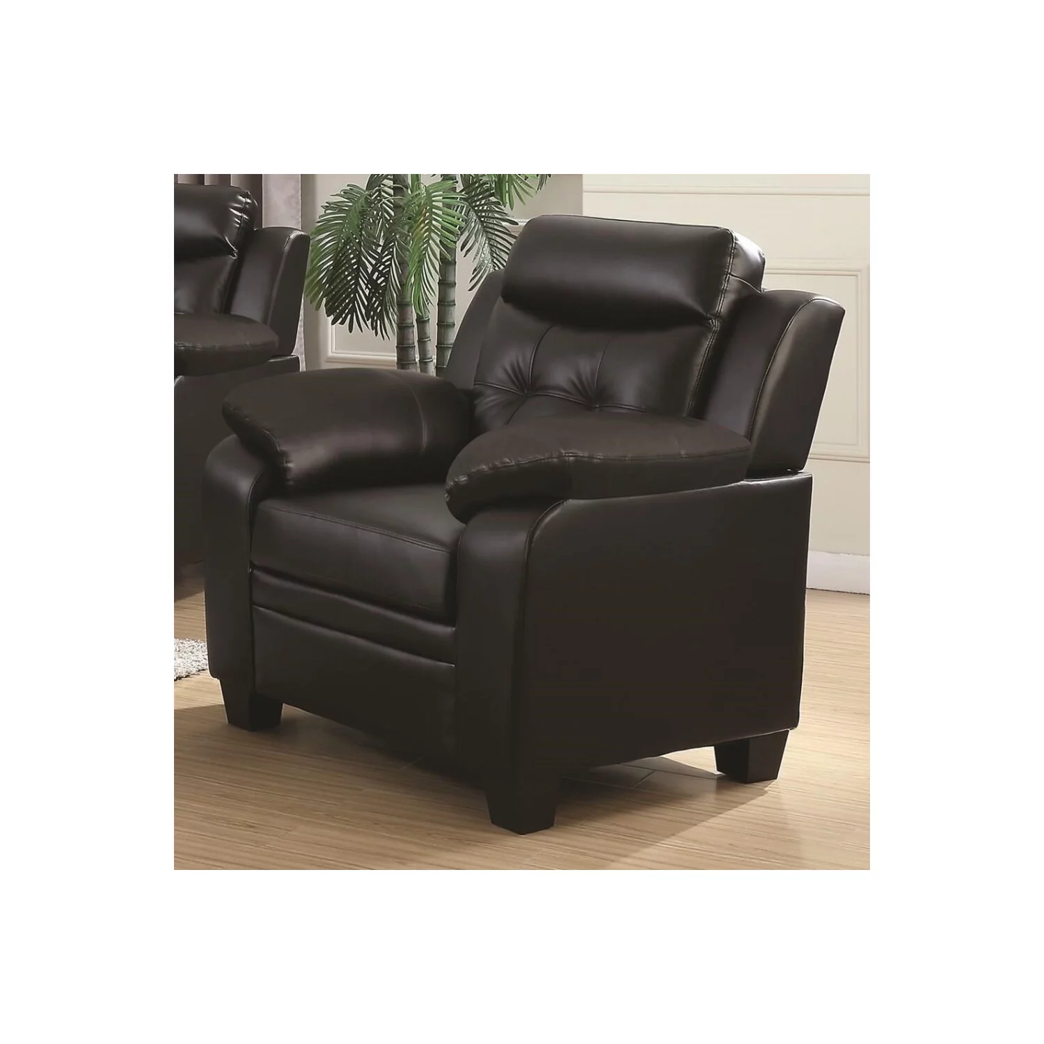 Contemporary Faux Leather & Wood Chair With Cushioned Armrests, Rich Black