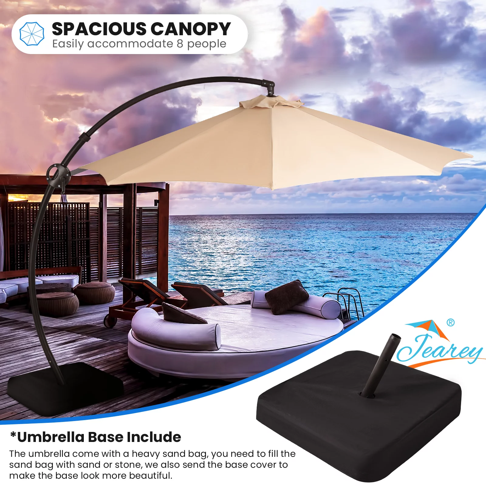 Wulful 10 ft Heavy Duty Curvy Hanging Offset Cantilever Umbrella with Sandbag, Beige